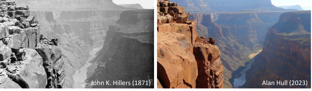 Figura 2. A la izquierda podemos ver una fotografía del Gran Cañón del Colorado de 1871 (de John K. Hiller) y a la derecha otra fotografía (de Alan Hull) del cañón en la actualidad, casi desde el mismo punto. Podemos comprobar como entre una fotografía y otra no existen diferencias apreciables en cuanto a la geología del paisaje, a pesar de haber pasado más de 150 años entre una fotografía y otra.