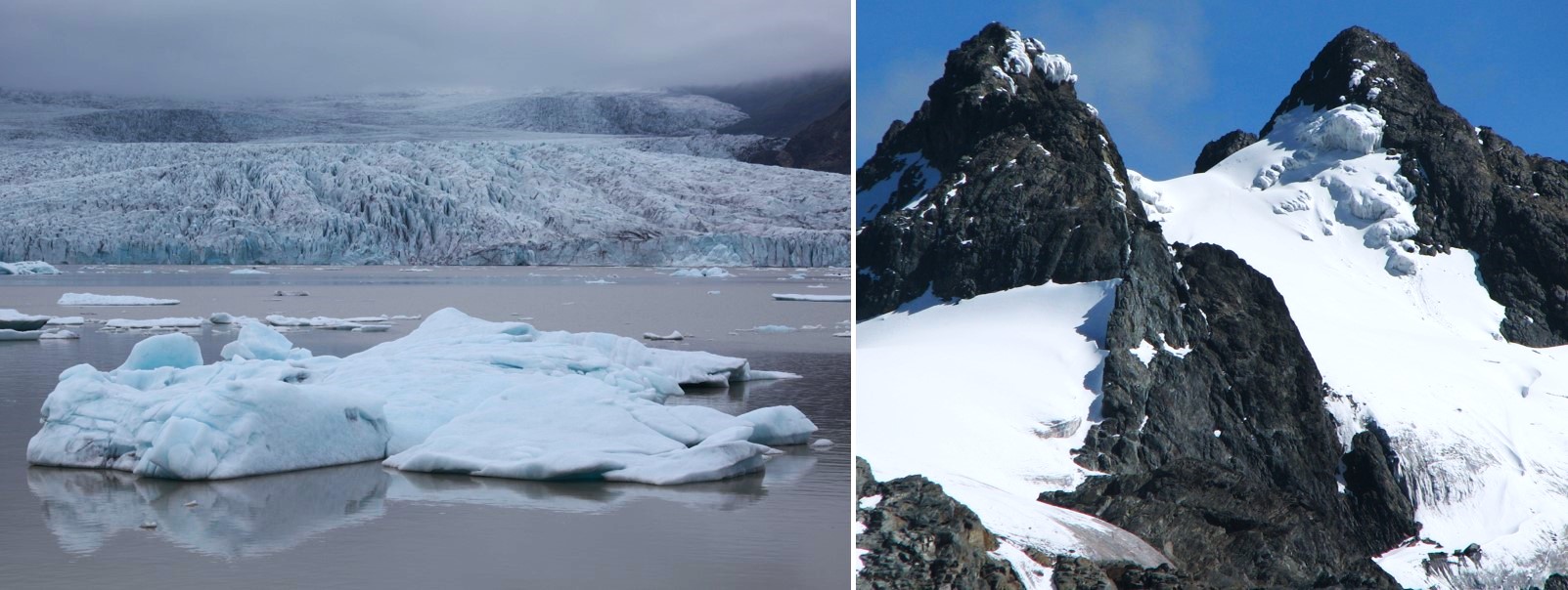 Figura 4. A la izquierda, laguna glaciar Breiðárlón en el extremo sur del glaciar Vatnajökull (Islandia), a unos 64º de latitud norte y prácticamente al nivel del mar. Y a la derecha, glaciar en la cumbres de las Montañas Rwenzori (Uganda), a unos 5.000 m de altitud y prácticamente en la línea del ecuador (0º 23´ latitud norte). Fotografías de Gabriel Castilla y WWF respectivamente.