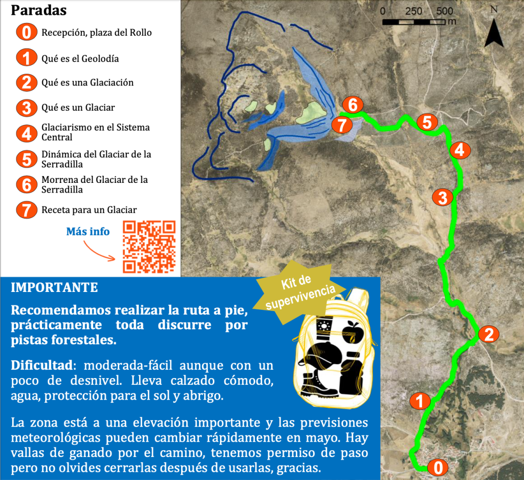 Ruta de la excursión del Geolodía 24 en Cepeda la Mora. Se inicia en la plaza del Rollo del pueblo y tiene 7 paradas geológicas hasta el antiguo glaciar de la Serradilla.